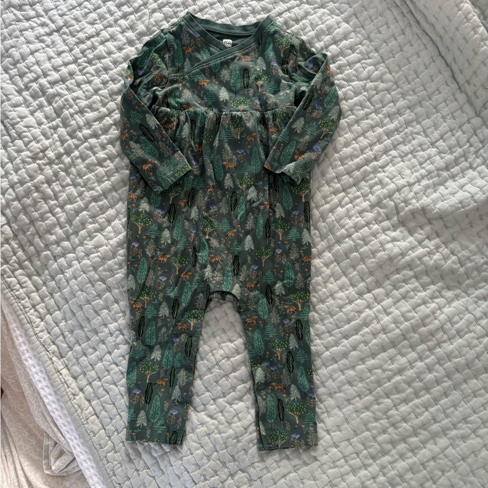 Tea Collection Green Forest Print Wrap-neck Baby Romper